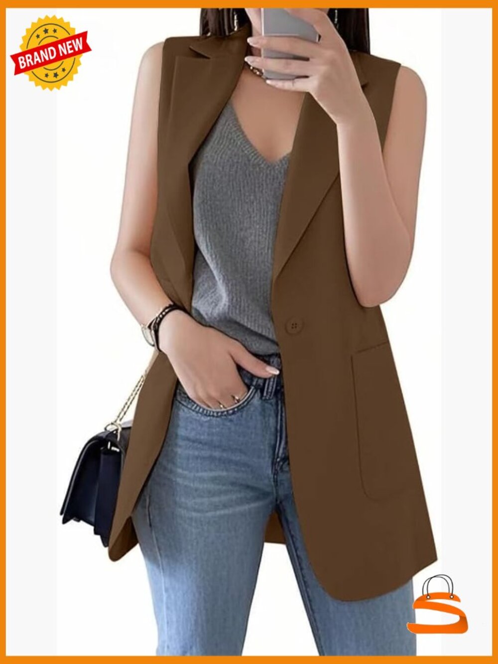 Womens Long Vest Sleeveless Blazer Dressy Suit Jacket